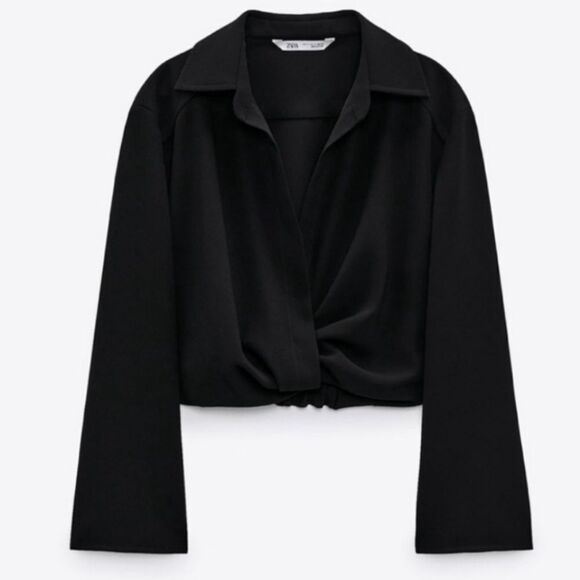 Zara Tops - Zara Black Cropped Collared Shirt Top Faux Twist Front Long Sleeve Size S